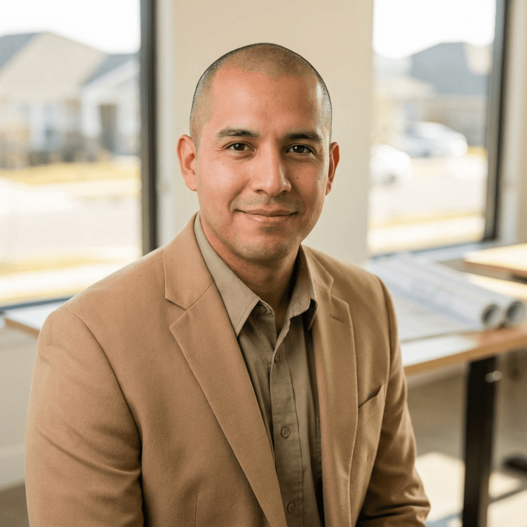Smiling bald man wearing a tan blazer in an office with blueprints on a desk.