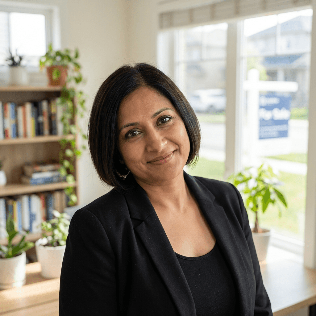Smiling professional woman in a black blazer in a bright office with plants and books.